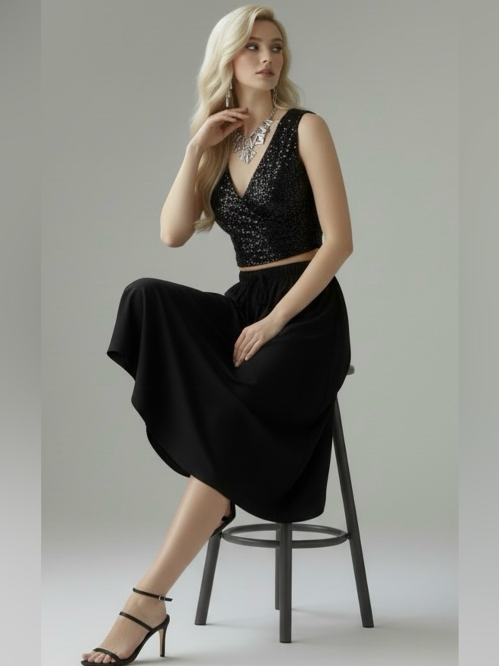 Elegant vintage 90’s Black A line full circle Midi Skirt by Carabella stretch